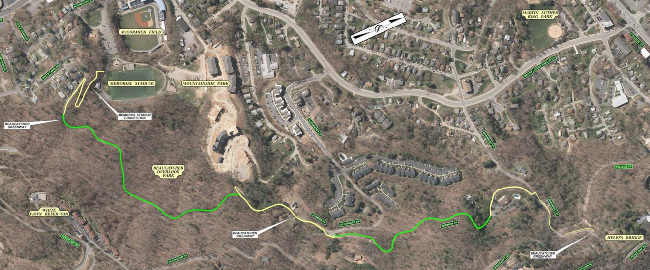 Path of proposed greenway, running from Memorial Stadium, above McCormick Field, through Beaucatcher Overlook Park and ending near Helen's Bridge and Beaumont St.