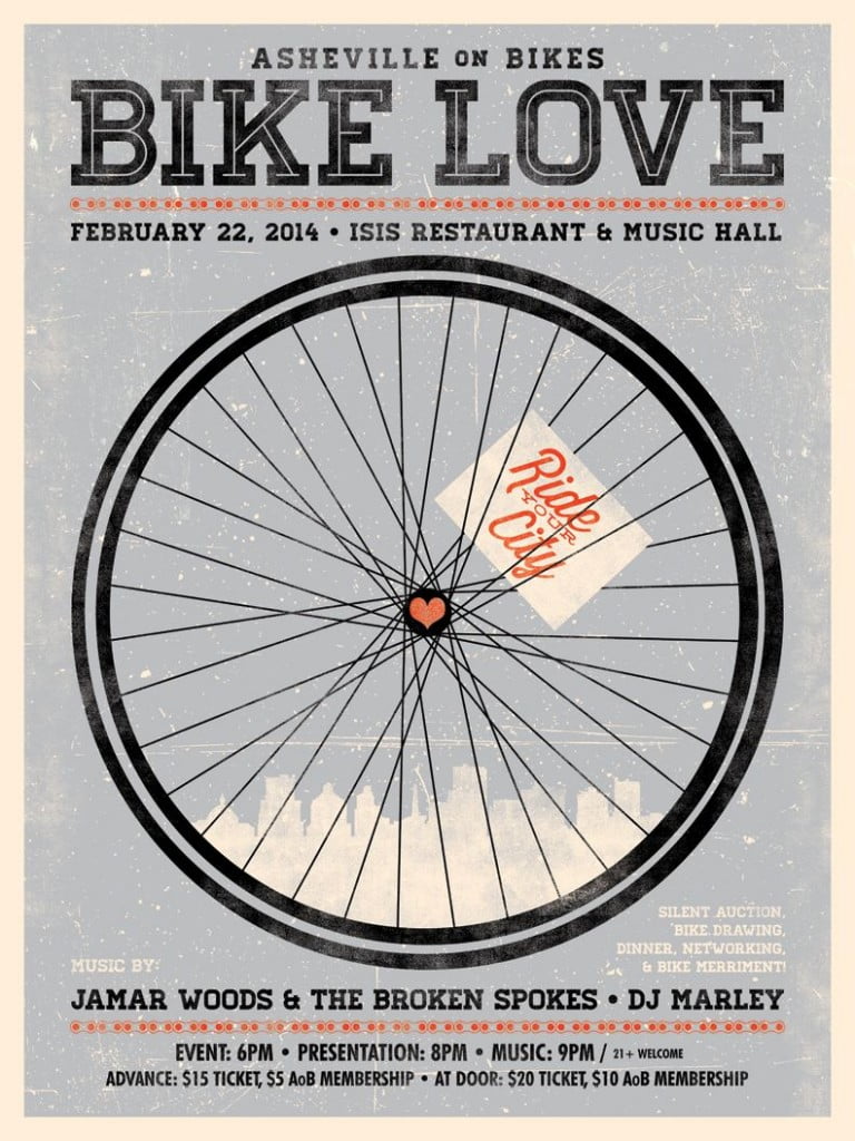 Bike Love 2014 celebrates Asheville on Bikes and bicycle culture at Isis Restaurant and Music Hall on February 22, 2014 from 6 pm to 2 am. Tickets available at supporting bike shops