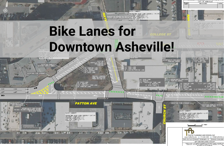 Title image showing map of bike lanes planned on College and Patton in Asheville