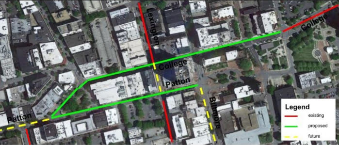 Aerial photo view of downtown Asheville bike lanes map