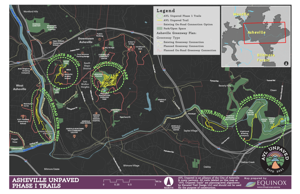 Map of proposed trails as part of Asheville Unpaved