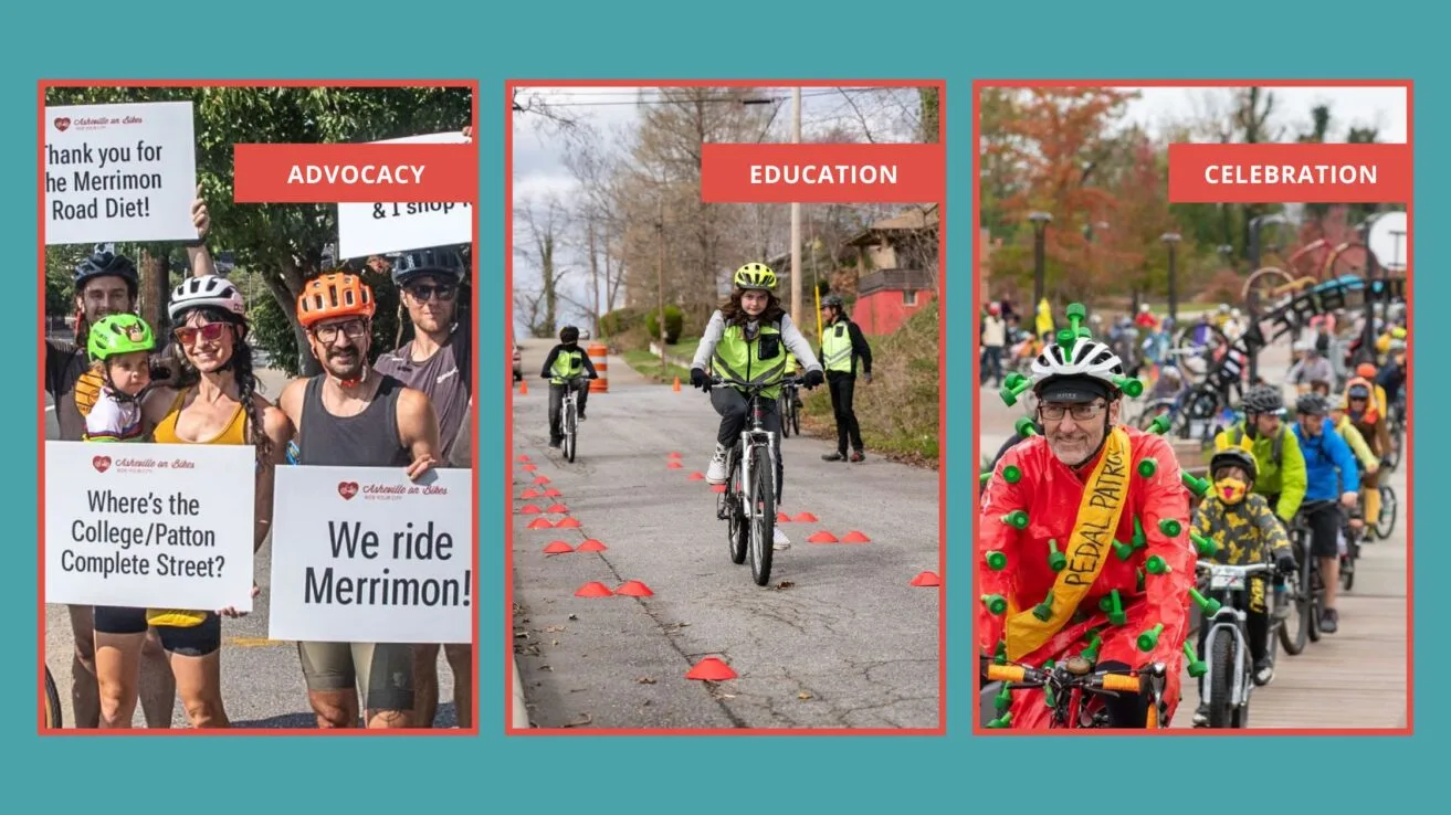 Asheville On Bikes Three Pillars are Advocacy, Education, and Celebration